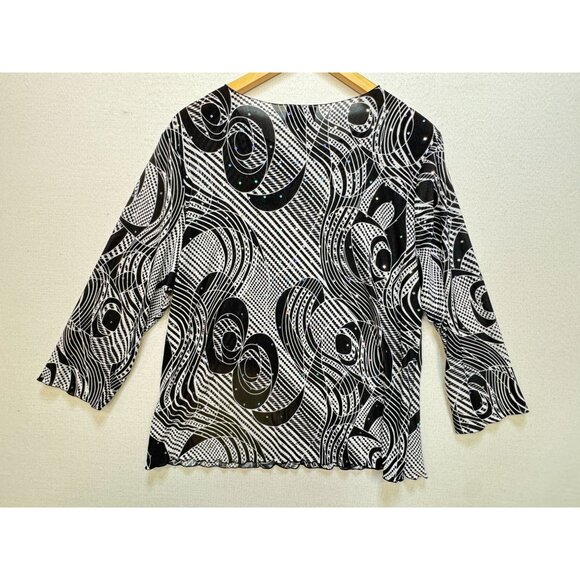 All Hours Womens 3/4 Sleeve Blouse Top Sze L Black White Abstract Rhinestone Y2K - Picture 9 of 11
